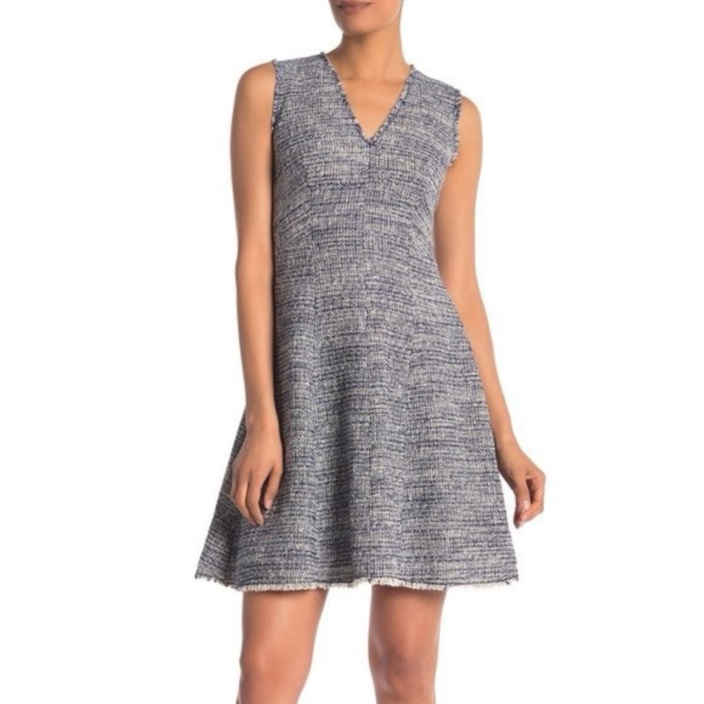 Rebecca Taylor Sleeveless V-Neck Tweed A-Line Dress in Navy/White